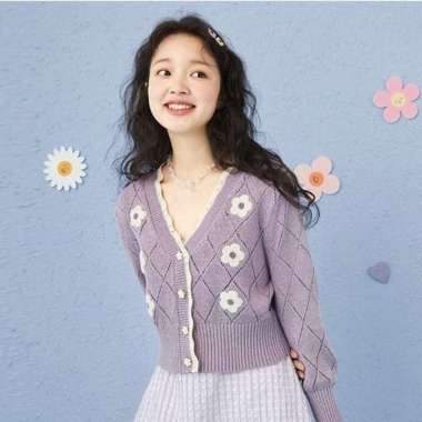 VERISH IMPORT WOMAN KNIT CROP TOP CARDIGAN KOREAN STYLE KARDIGAN RAJUT WANITA Ungu