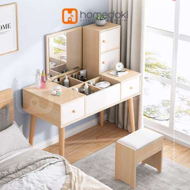 Homedoki Meja Rias Minimalis Kaki Kayu Solid /Meja Rias Minimalis / Meja Rias Flip-Top Kayu
