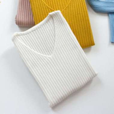 Verish Sweater Rajut/Pakaian Lengan Panjang/Atasan Rajut Wanita Kerah V BJ-17 Putih