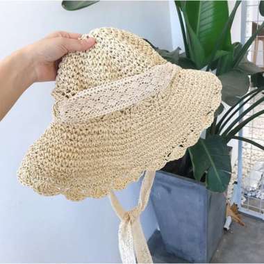 Verish Topi Anyaman Pantai / Topi Noni Belanda Ada Tali / Topi Wanita Import Krem