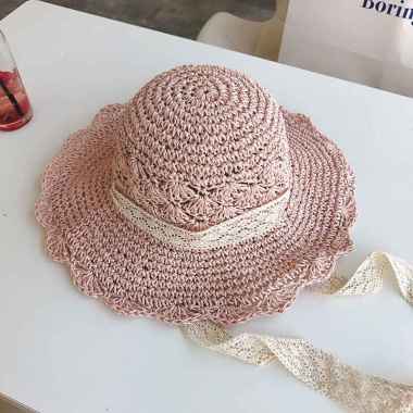 Verish Topi Anyaman Pantai / Topi Noni Belanda Ada Tali / Topi Wanita Import Pink