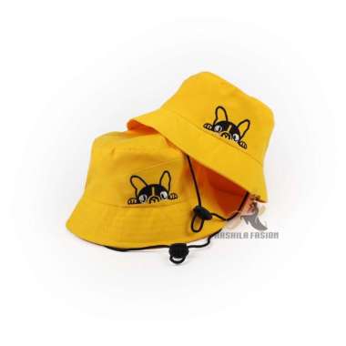 VERISH Topi Bucket Anak Tali Bordir Bulldog Anak Laki Laki Perempuan Tali Bulldog Kuning