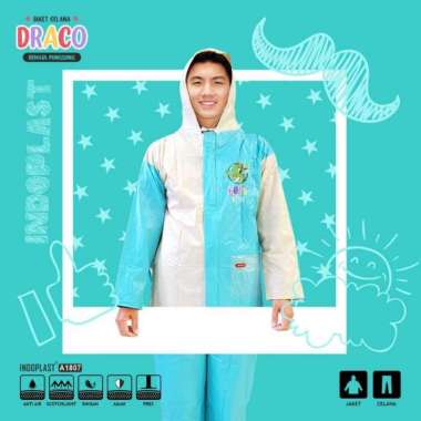 Jas Hujan Jaket Celana Backpack Anak Remaja Draco Terbaru Motif Anak Naga Toska Komb Cream