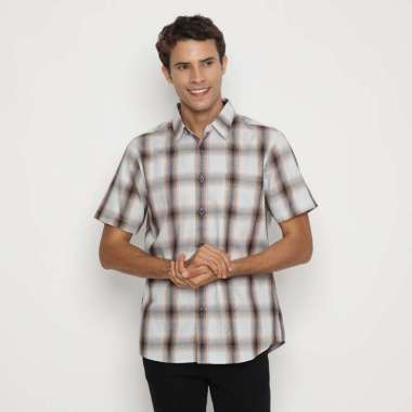Platini Kemeja Motif Kotak Pria Lengan Pendek Katun Abu 73452 M