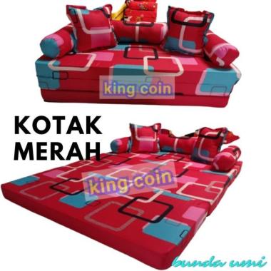 Sofa Bed Kursi Tamu Minimalis Kasur Lipat Lantai Busa Yellow Katun Kotak Merah