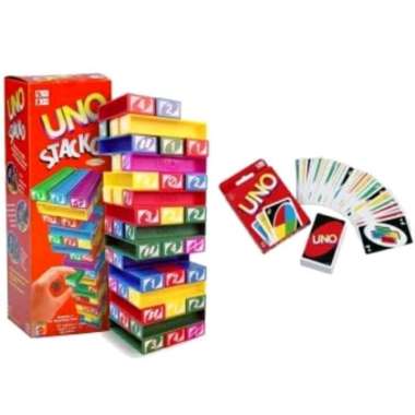 Set Paket Mainan Susun Balok Tower Stacko Uno Stacko Free Kartu Uno Family Games