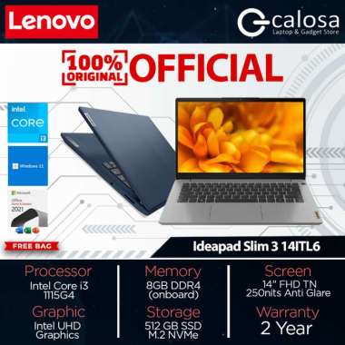 LAPTOP LENOVO IDEAPAD SLIM 3 14ITL6 INTEL CORE i3 1115G4 - GENERASI 11 MEMORY RAM 8GB SSD 512GB INTE
