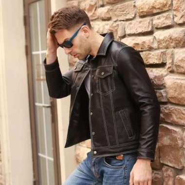 BOSSINDO JAKET KULIT MODEL JEANS + JAKET KULIT PRIA DOMBA ASLI Coklat tua L