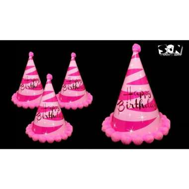 Topi Ulang Tahun Kerucut Metalik/ Pom-Pom Besar Pink Pom²