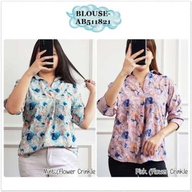 AB511821 Baju Atasan Blouse Motif Bunga Retro Wanita Korea Import Hijau Green Mint Pink