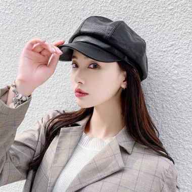 SPV Topi Beret Wanita Bahan kulit Oktagonal Hitam