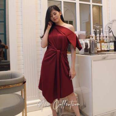 LOVE ESCAPE Dress Scuba Wanita/Terusan Scuba Wanita/One Shoulder Dress MAROON (L)