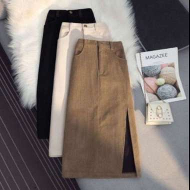 VERISH ROK SLIT CORDUROY MIDI SKIRT IMPORT BAWAHAN WANITA M BEIGE