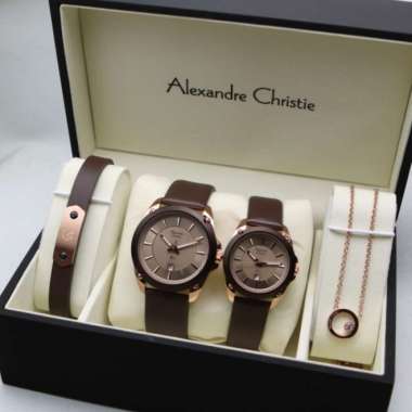 JAM TANGAN ALEXANDRE CHRISTIE AC 8667 / AC8667 BOX SET COUPLE ORIGINAL ROSEGOLD BROWN