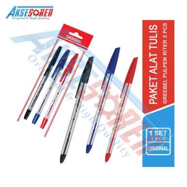 Aksesoren Pulpen Greebel 3 Pcs [Hitam / Merah / Biru] / Balpen / Balpoint Jel / Gel Pen / Alat Tulis