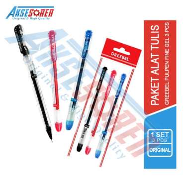 Aksesoren Pulpen Greebel 3 Pcs [Hitam / Merah / Biru] / Balpen / Balpoint Jel / Gel Pen / Alat Tulis