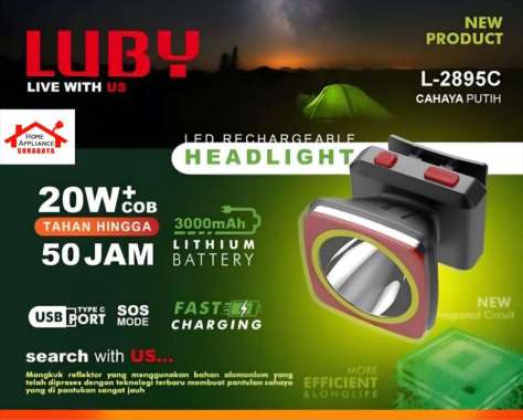 LUBY Senter Kepala Cas LED 20W 20 Watt + COB 3000mAh Cahaya Putih Tahan 50 Jam L-2895C / L 2895 C - 