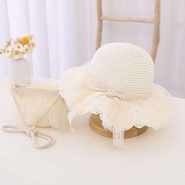 VERISH Topi pantai anak dan Topi Rajut Musim Panas Gaya Korea // topi pantai renda satu set- topipan