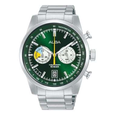 Jam Tangan Pria Alba A4B007X1 Chronograph White+Green Dial 44mm Stainless Steel WR100M