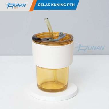 Gelas Minum Kaca Gelas Tumbler Sedotan Gelas Tumbler Aesthetic 350ml Kuning PTH