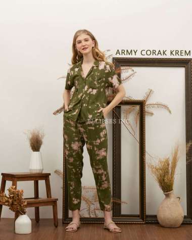 ELLIPSESINC Piyama Tie Dye / Set Piyama Tie Dye Lengan Pendek / Tie Dye Pajamas ARMY CORAK KREM XL