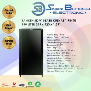 SANKEN SK-V198ABB KULKAS 1 PINTU 190 LITER 525 x 520 x 1.251 (NEW) (KHUSUS BANDUNG)