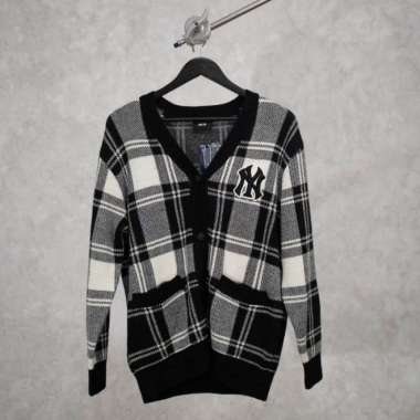 MLB NY MONOGRAM PLAID YANKEE WHITE BLACK CARDIGAN 100% ORI