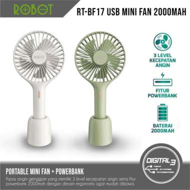 Robot RT-BF17 Mini Fan Portable Kipas Angin 2 in 1 Powerbank Genggam Putih