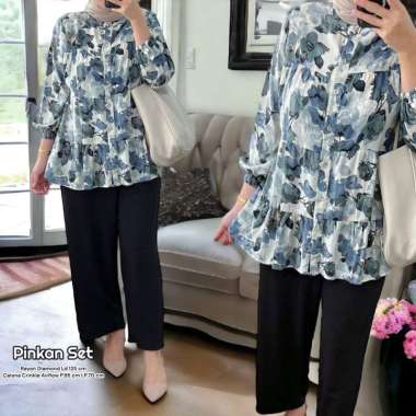 Pinkan Set - One Set Wanita Rayon Diamond Premium Setelan Wanita Kekinian Lengan 7/8 Set Celana LD 1