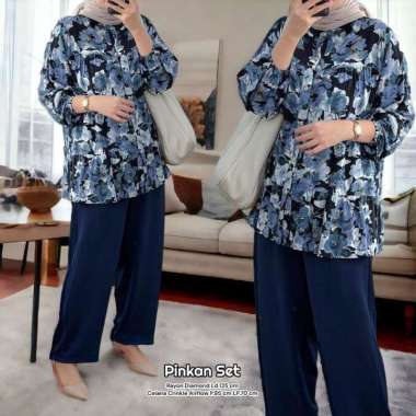 Pinkan Set - One Set Wanita Rayon Diamond Premium Setelan Wanita Kekinian Lengan 7/8 Set Celana LD 1