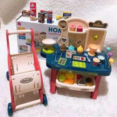 mainan home supermarket play set + trolley belanja