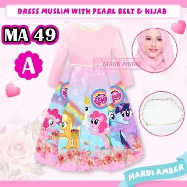 Dress Muslim Anak Kuda Poni + Pearl Belt + Hijab Multicolor