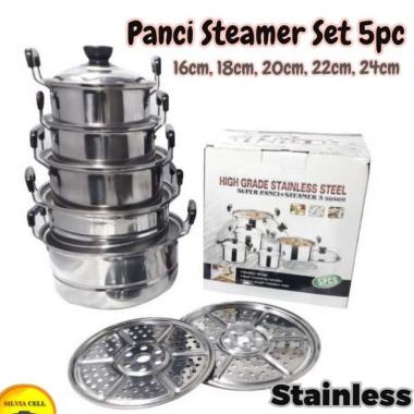 Panci Stainless Steel 5 Set Panci Steamer 5 Susun Tutup Stainless