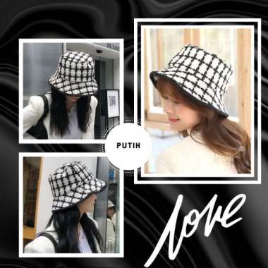 Topi Fedora Topi Bucket Tebal Topi Wanita Hitam Putih Berkualitas Wool Hitam