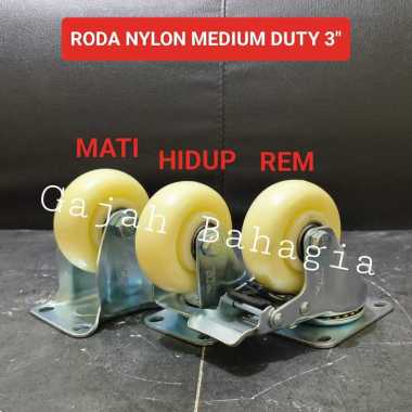 Roda troli Nylon 3 inch Medium Duty Hidup Mati Rem Caster Kastor 3" MATI