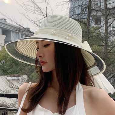 VERISH TOPI PANTAI IMPORT LEBAR DEWASA RENDA TILE MUTIARA/SUMMER HAT/TOPI WANITA Putih