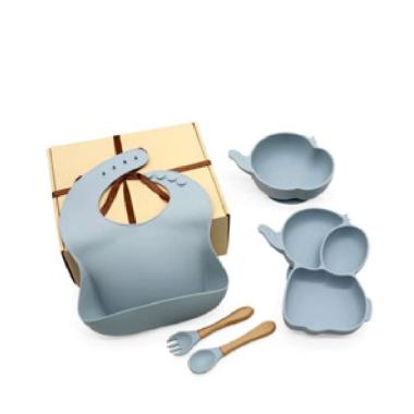 Gift Baby Feeding Set Elephant / Set Silikon Peralatan Tempat Makan Bayi SET GIFT DUSTY BLUE