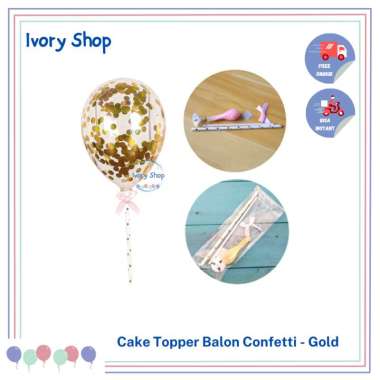 Cake Topper Balon Confetti / Hiasan Kue Ulang Tahun Pita Gold