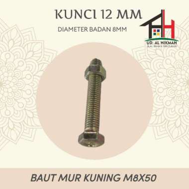 SET BAUT MUR HEX KUNING M8 X 50 M8X50 KUNCI 12 MM