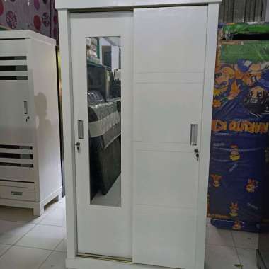 Lemari Pakaian 2 Pintu Sliding Lemari Pakaian Minimalis Cermin - Putih