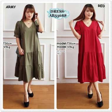 AB53688 Midi Dress Pesta Wanita Korea Import Green Army Hijau Merah Orange Bata Pink Purple Ungu Mil