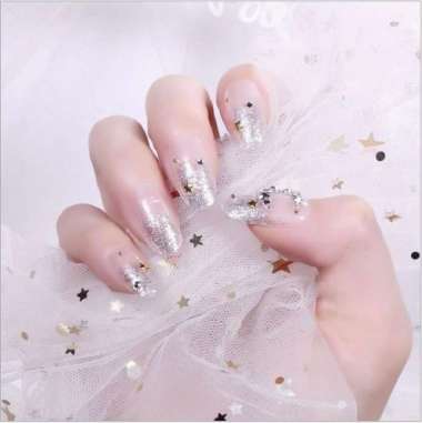 kuku palsu pengantin isi 24 pcs bride silver glitter mewah + lem Bulan