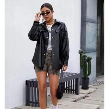Jaket Kulit Wanita Kemeja Blazer Kasual Hitam XL