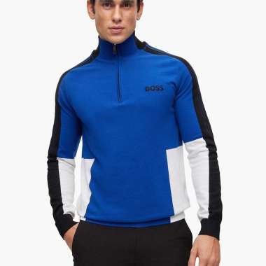 HUGO BOSS Men Zolkar Cotton-Blend Zip Neck Sweater in Blue M