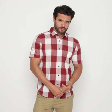 Platini Kemeja Motif Kotak Pria Lengan Pendek Katun Maroon 73449 L