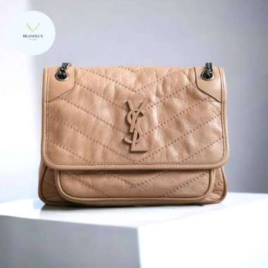 Yves Saint Laurent Baby Niki Crinkled Leather Bag in Dark Toffee - 100% Authentic