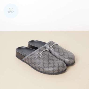 Gucci Men Supreme Mules in Grey/Black with Horsebit - 100% Authentic 10