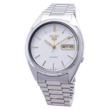 JAM TANGAN SEIKO 5 SNXG47K PRIA SILVER WHITE LIST GOLD AUTOMATIC ORIGINAL