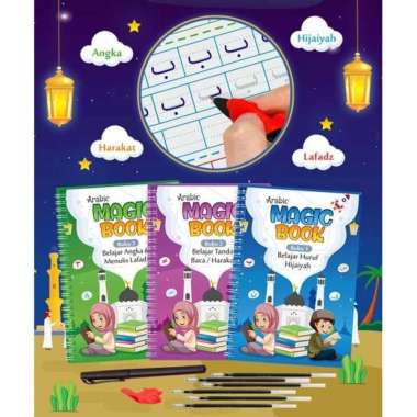 3pcs Buku Ajaib Belajar Menulis Huruf Angka Hijaiyah/Arabic Magic Book Multivariasi Multicolor