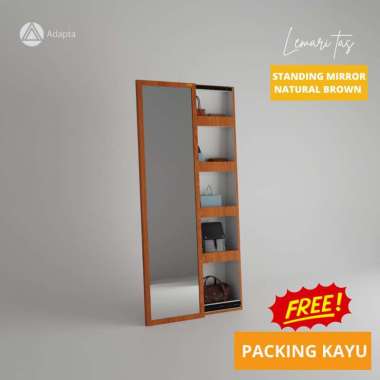 Adapta Kaca Lemari Tas Standing Mirror aestetic Natural brown- Lemari Tas Kaca Pintu Geser Dengan La